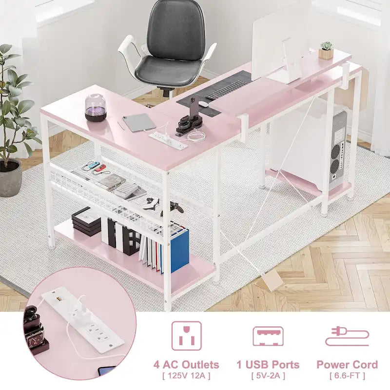 L-Shaped Corner Desk with Dual Monitor Riser, Power Outlets & LED Light
