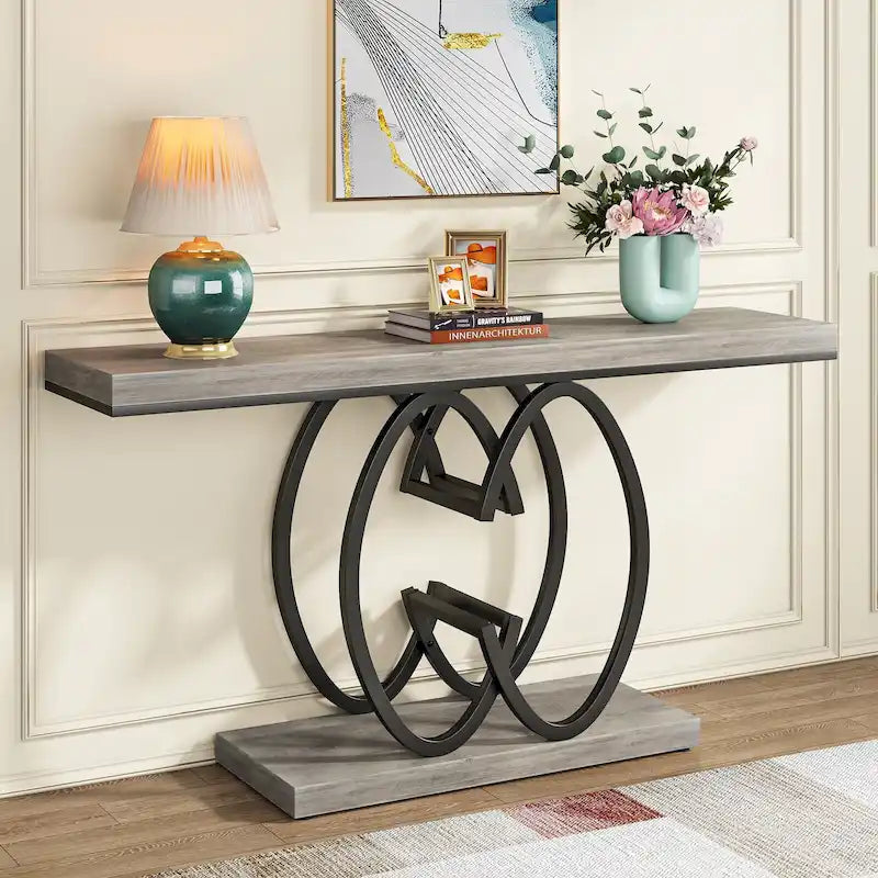 55-Inch Faux Marble Console Table with Geometric Metal Base
