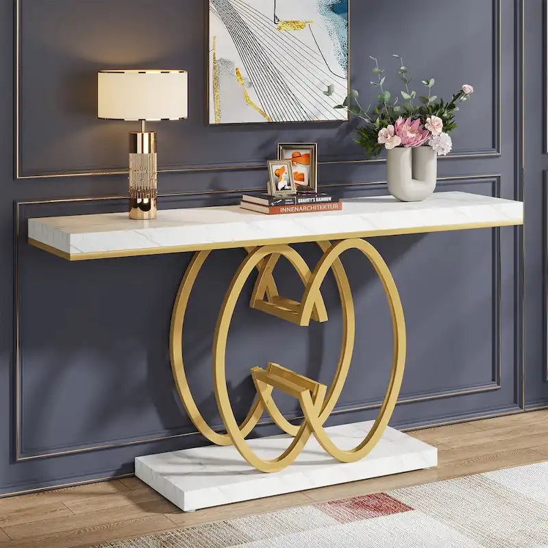 55-Inch Faux Marble Console Table with Geometric Metal Base