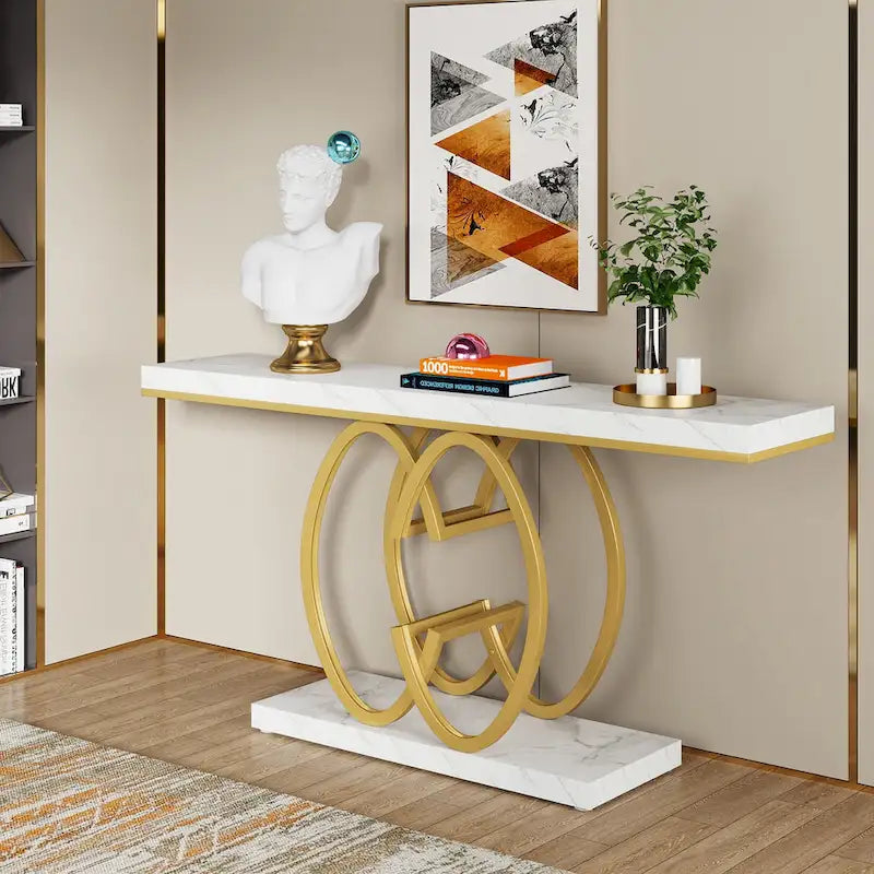 55-Inch Faux Marble Console Table with Geometric Metal Base