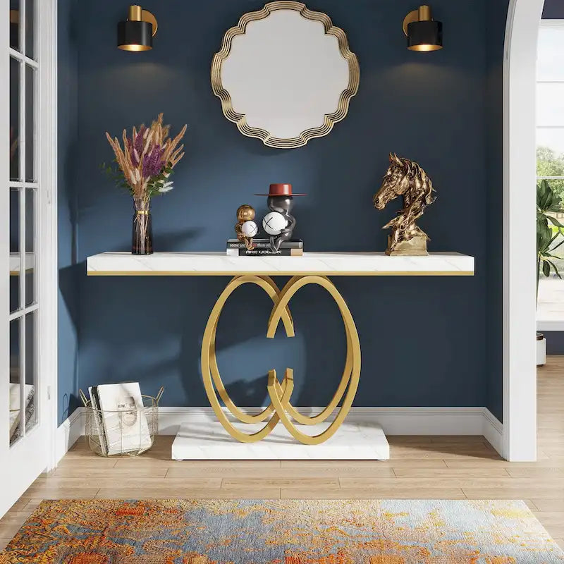 55-Inch Faux Marble Console Table with Geometric Metal Base