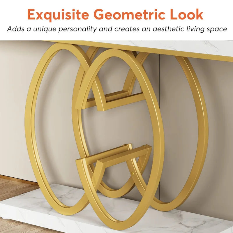 55-Inch Faux Marble Console Table with Geometric Metal Base