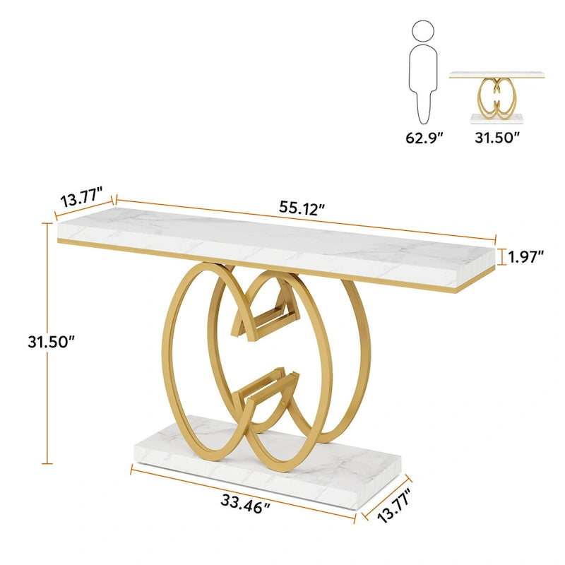 55-Inch Faux Marble Console Table with Geometric Metal Base