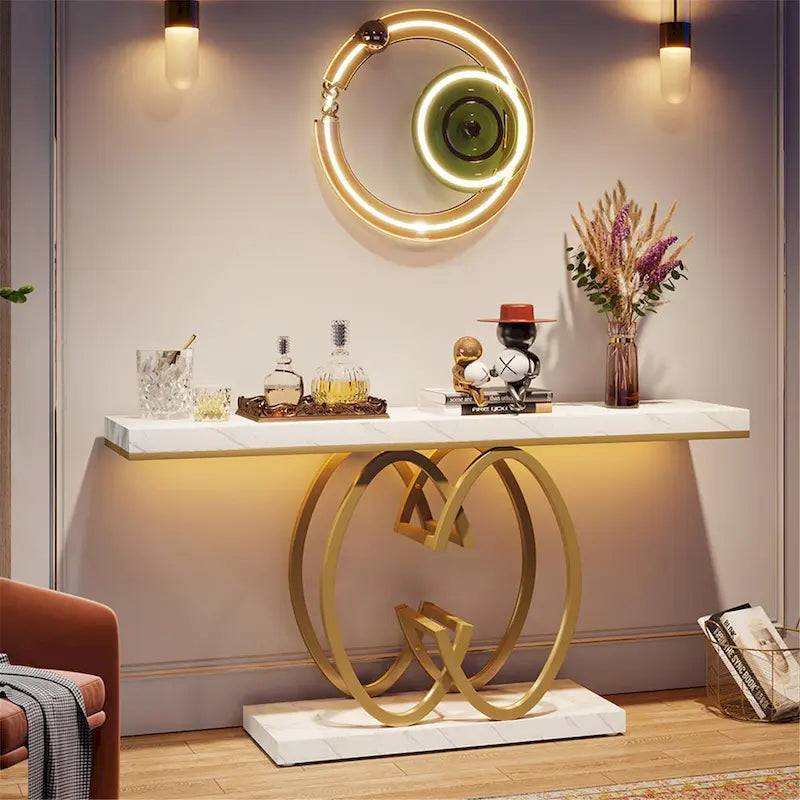 55-Inch Faux Marble Console Table with Geometric Metal Base