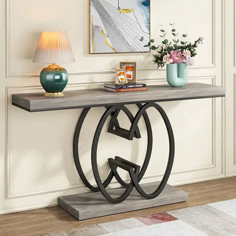 55-Inch Faux Marble Console Table with Geometric Metal Base