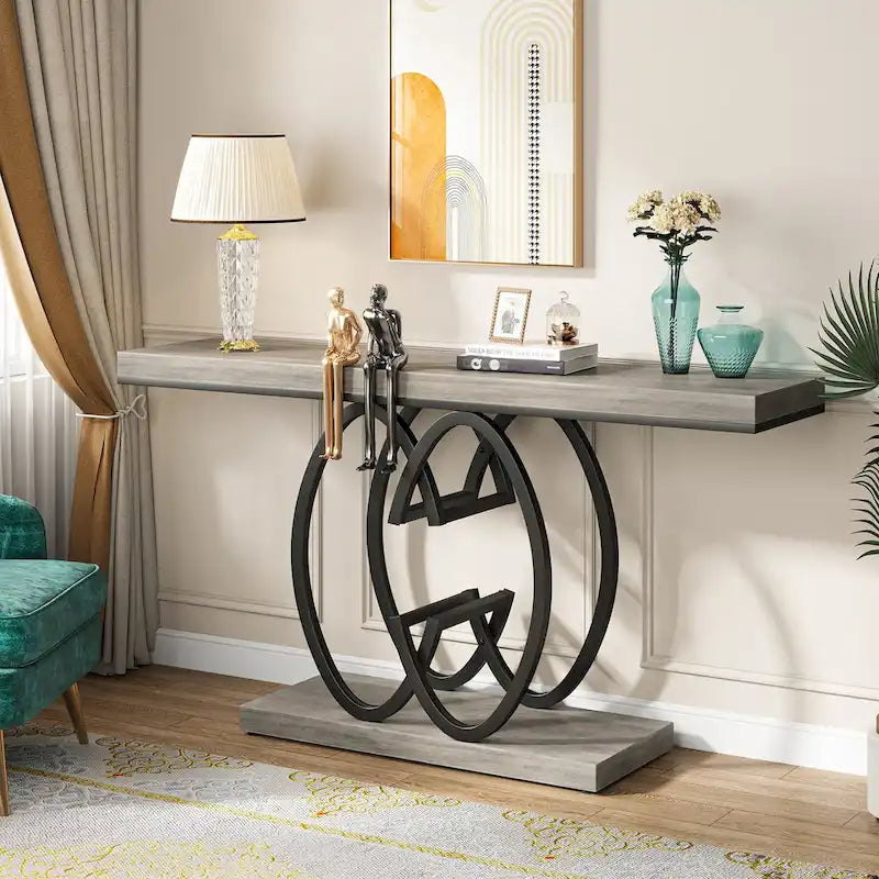 55-Inch Faux Marble Console Table with Geometric Metal Base