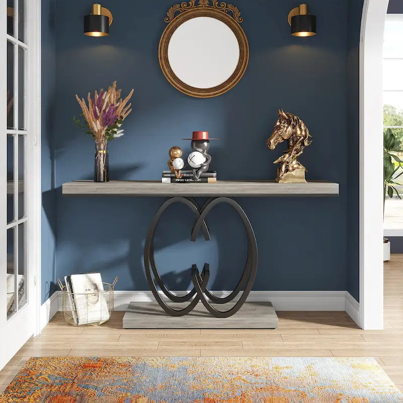 55-Inch Faux Marble Console Table with Geometric Metal Base