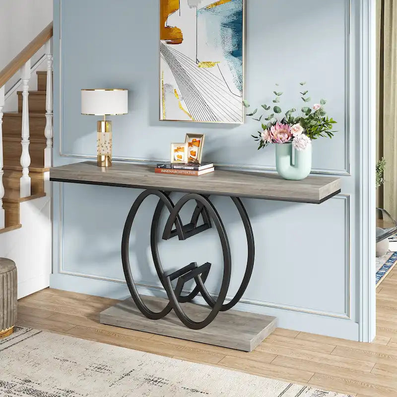 55-Inch Faux Marble Console Table with Geometric Metal Base