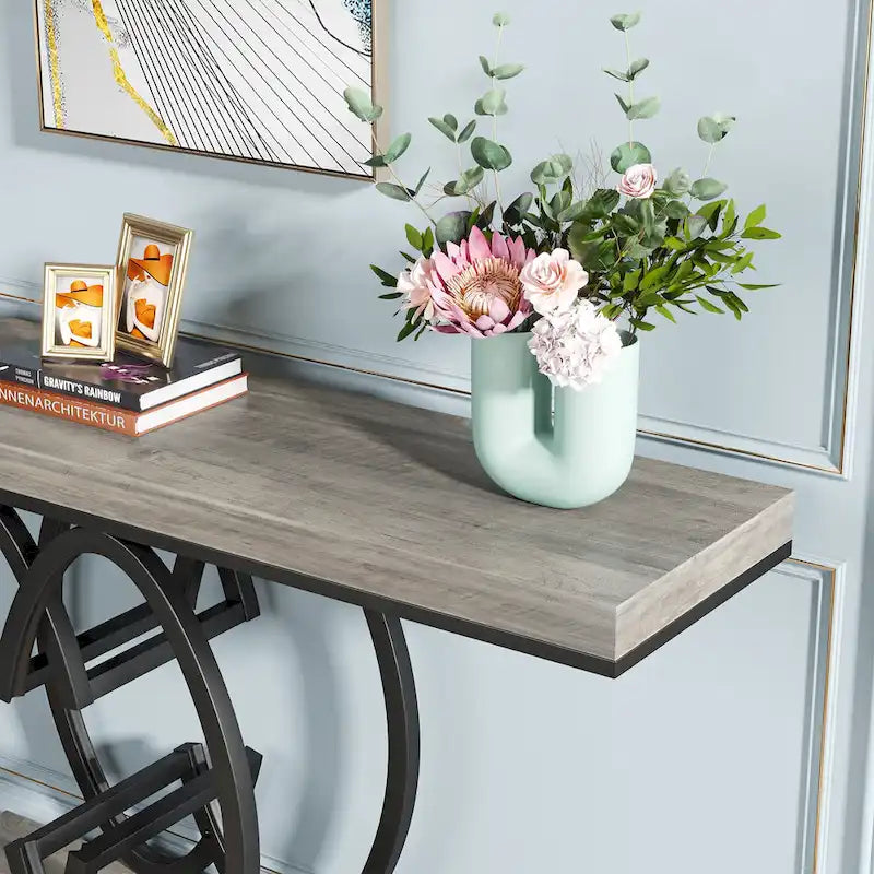 55-Inch Faux Marble Console Table with Geometric Metal Base