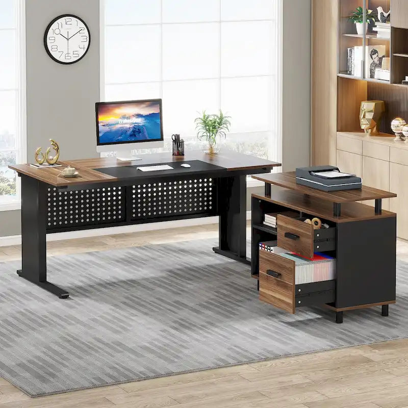 L-Shaped Executive Desk with File Cabinet & Storage