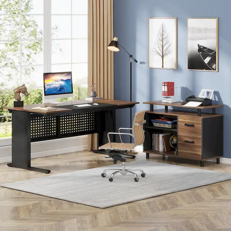 L-Shaped Executive Desk with File Cabinet & Storage