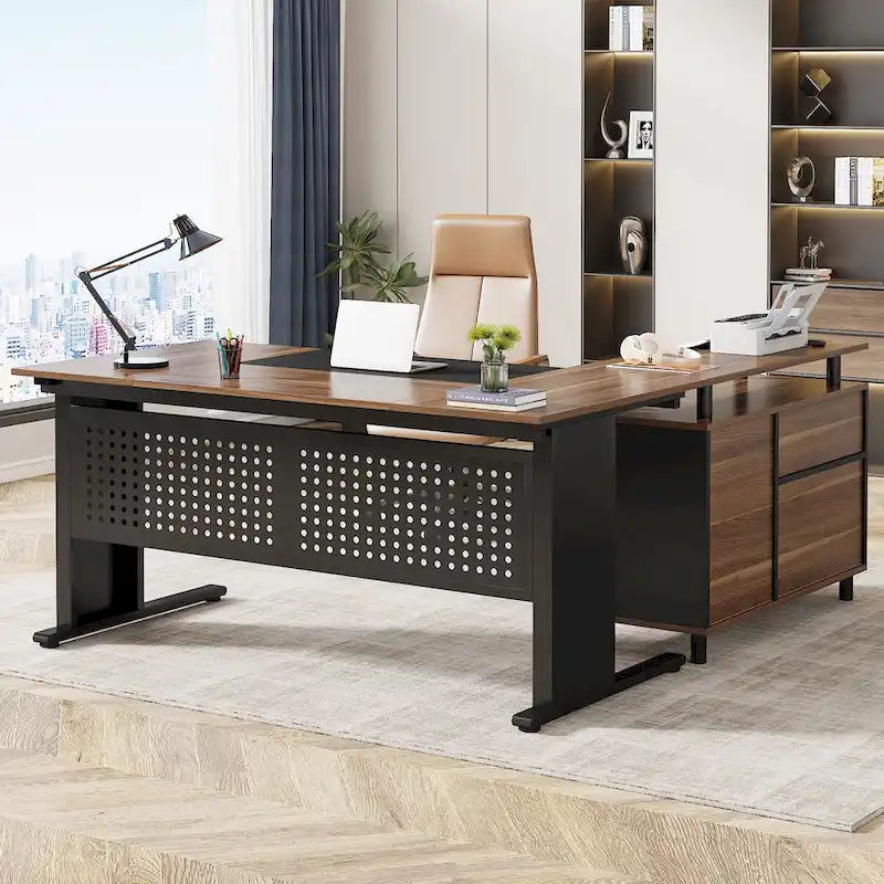 L-Shaped Executive Desk with File Cabinet & Storage