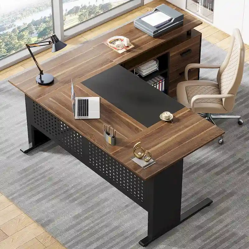 L-Shaped Executive Desk with File Cabinet & Storage