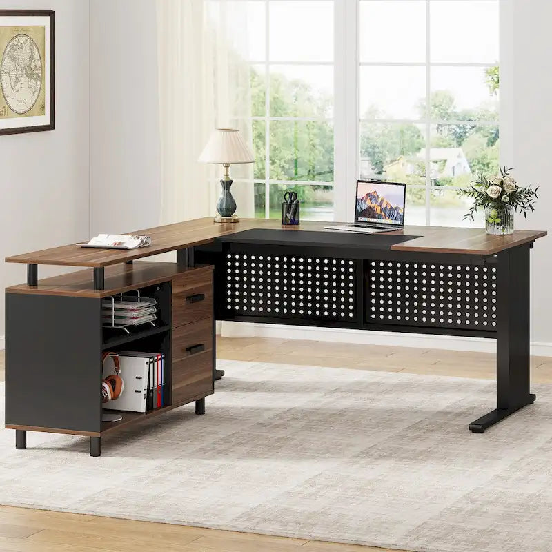 L-Shaped Executive Desk with File Cabinet & Storage
