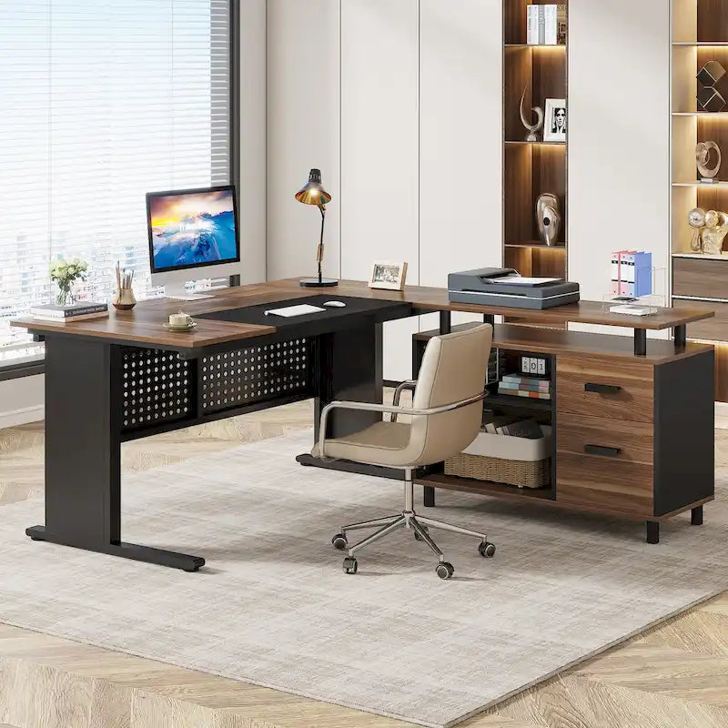 L-Shaped Executive Desk with File Cabinet & Storage