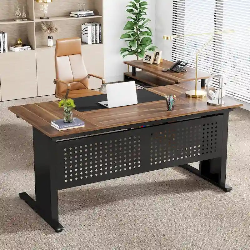L-Shaped Executive Desk with File Cabinet & Storage