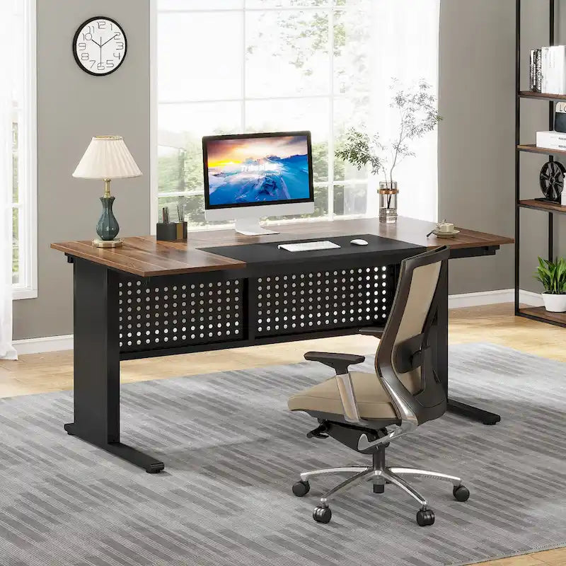 L-Shaped Executive Desk with File Cabinet & Storage