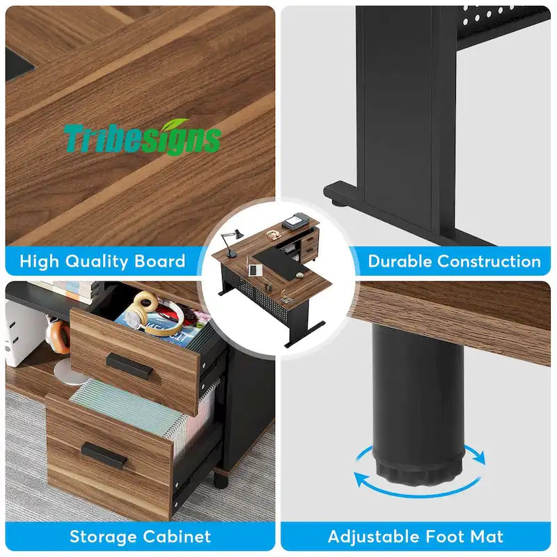 L-Shaped Executive Desk with File Cabinet & Storage
