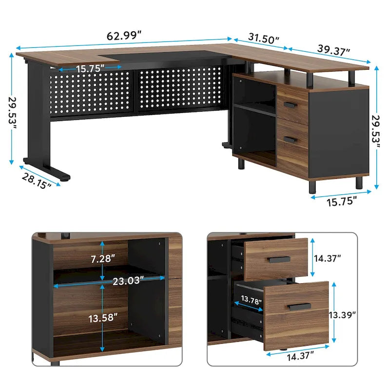 L-Shaped Executive Desk with File Cabinet & Storage