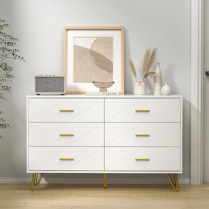 6-Drawer Fluted Dresser with Gold Handles & Anti-Tip Safety Device