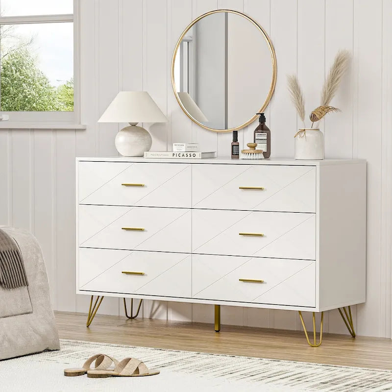 6-Drawer Fluted Dresser with Gold Handles & Anti-Tip Safety Device