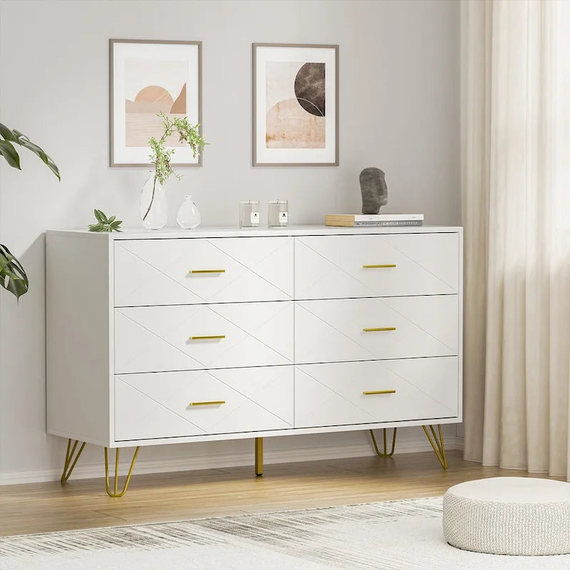 6-Drawer Fluted Dresser with Gold Handles & Anti-Tip Safety Device