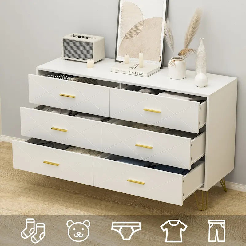 6-Drawer Fluted Dresser with Gold Handles & Anti-Tip Safety Device