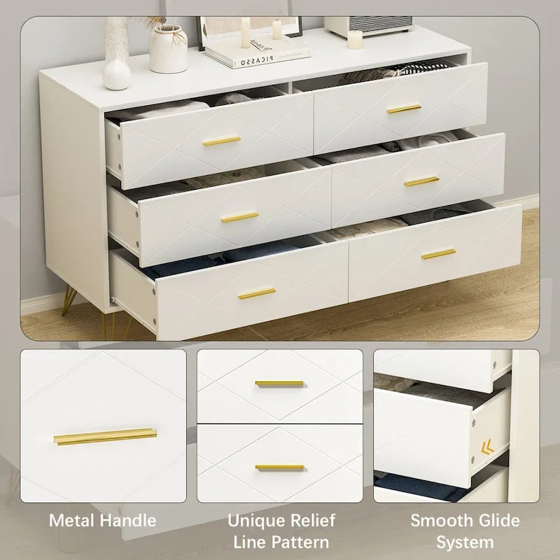 6-Drawer Fluted Dresser with Gold Handles & Anti-Tip Safety Device