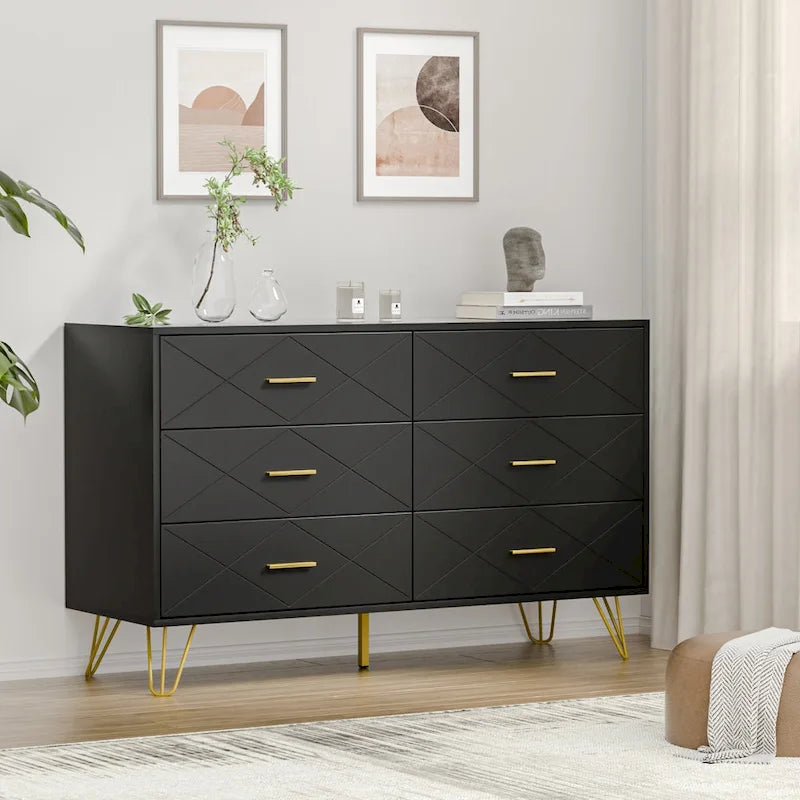 6-Drawer Fluted Dresser with Gold Handles & Anti-Tip Safety Device