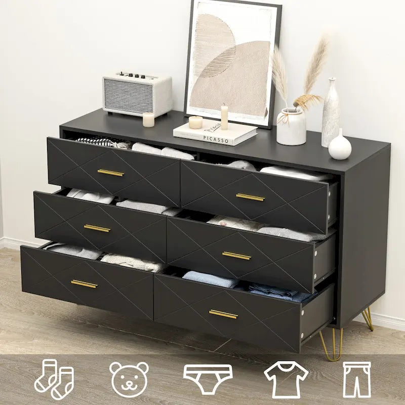 6-Drawer Fluted Dresser with Gold Handles & Anti-Tip Safety Device
