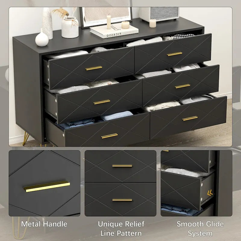 6-Drawer Fluted Dresser with Gold Handles & Anti-Tip Safety Device