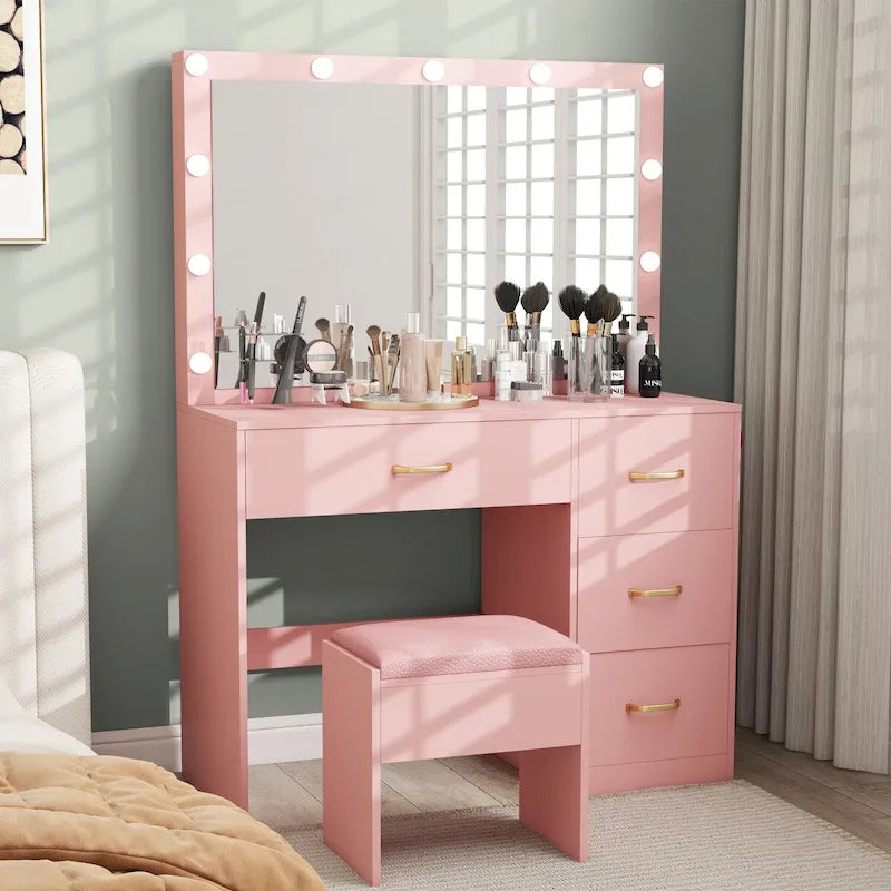 LED Vanity Desk with Mirror, Drawers & Stool
