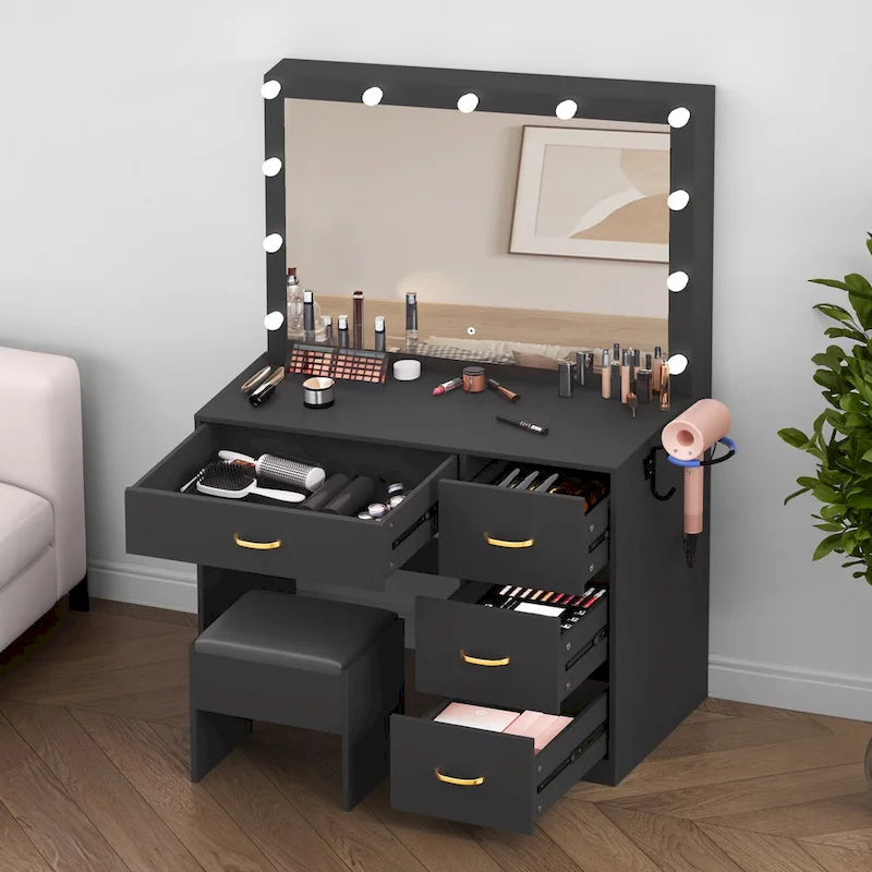 LED Vanity Desk with Mirror, Drawers & Stool