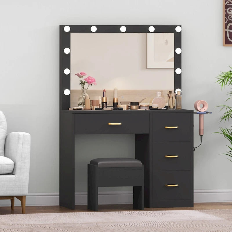 LED Vanity Desk with Mirror, Drawers & Stool