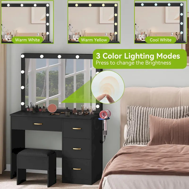 LED Vanity Desk with Mirror, Drawers & Stool