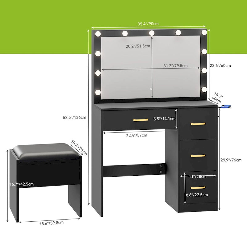 LED Vanity Desk with Mirror, Drawers & Stool