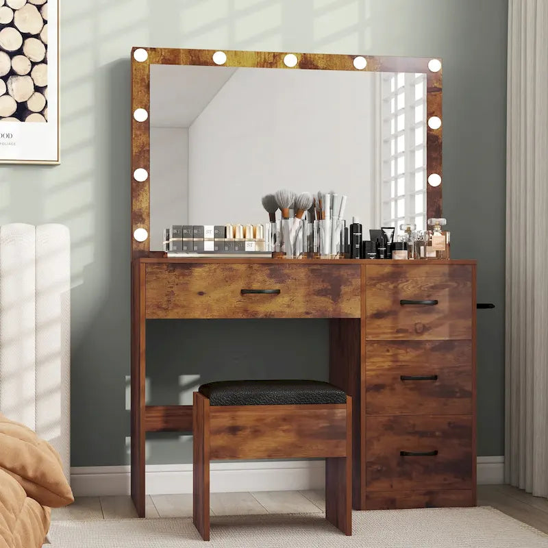 LED Vanity Desk with Mirror, Drawers & Stool