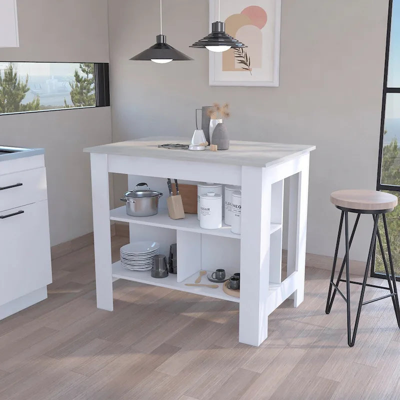 Kitchen Island with 3 Shelves, Marble Finish
