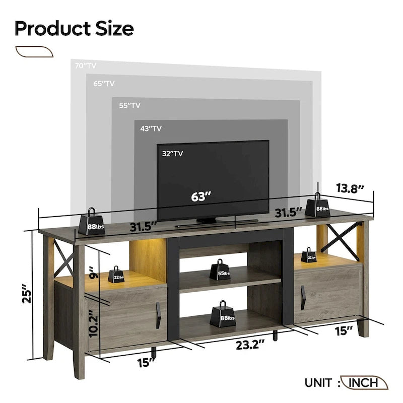 63" Farmhouse TV Stand with RGB LED Lights