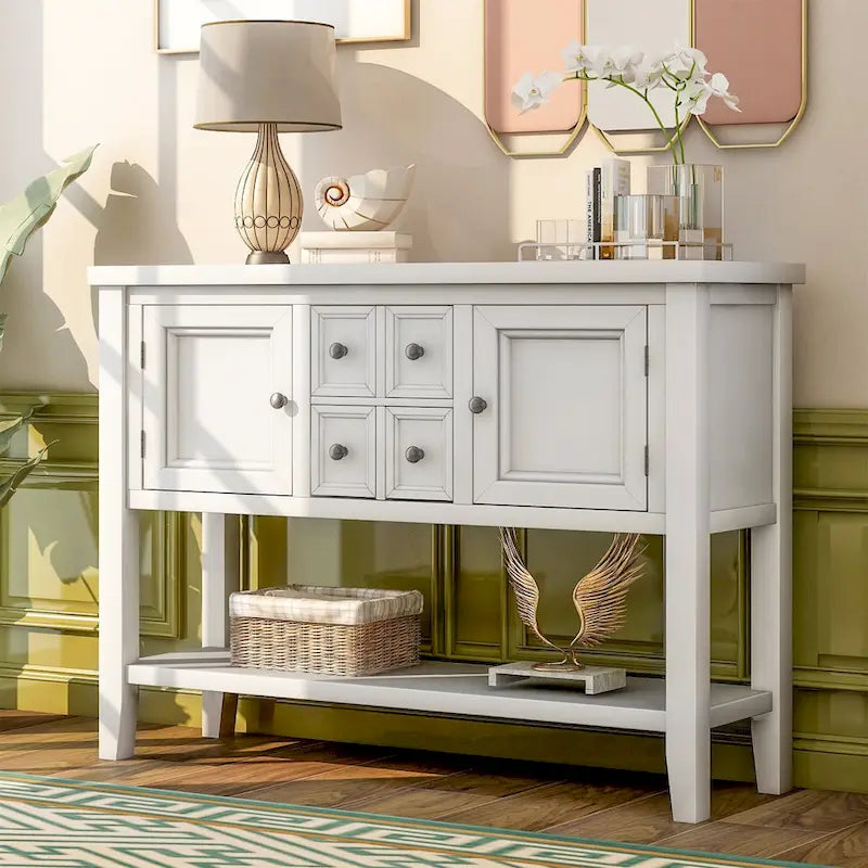 Solid Acacia Wood Buffet Sideboard with 4 Drawers, 2 Cabinets & Bottom Shelf
