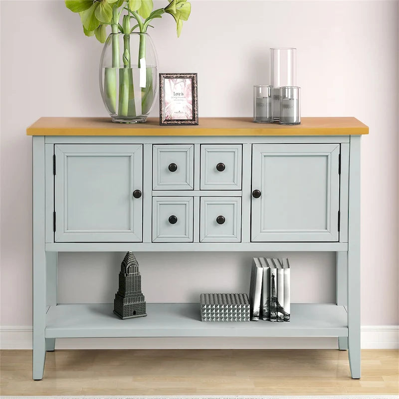 Solid Acacia Wood Buffet Sideboard with 4 Drawers, 2 Cabinets & Bottom Shelf