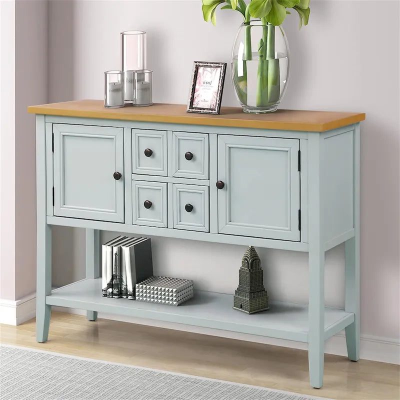 Solid Acacia Wood Buffet Sideboard with 4 Drawers, 2 Cabinets & Bottom Shelf
