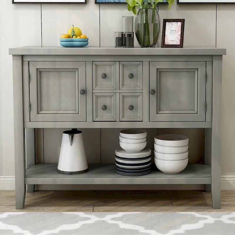 Solid Acacia Wood Buffet Sideboard with 4 Drawers, 2 Cabinets & Bottom Shelf