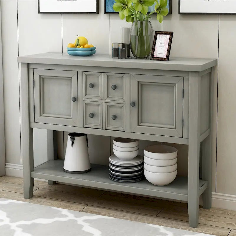Solid Acacia Wood Buffet Sideboard with 4 Drawers, 2 Cabinets & Bottom Shelf