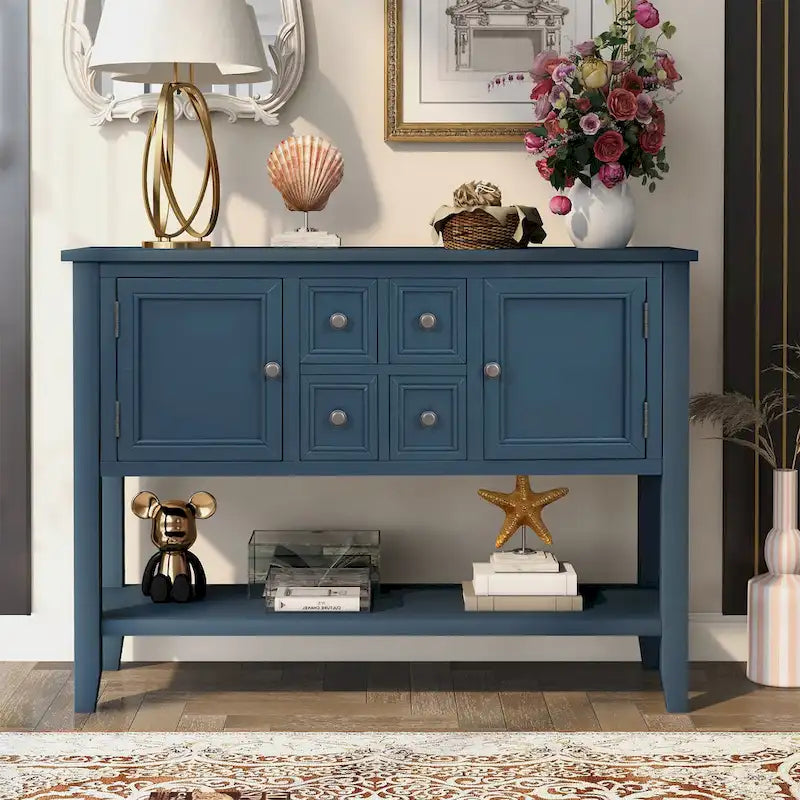 Solid Acacia Wood Buffet Sideboard with 4 Drawers, 2 Cabinets & Bottom Shelf
