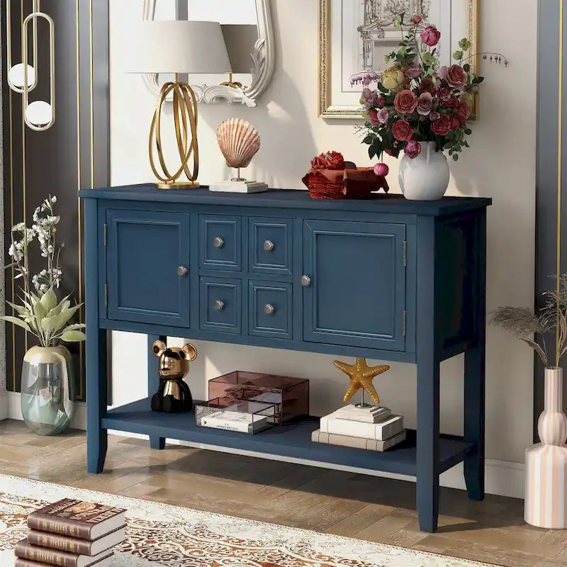 Solid Acacia Wood Buffet Sideboard with 4 Drawers, 2 Cabinets & Bottom Shelf