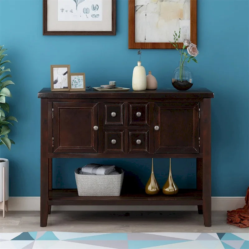 Solid Acacia Wood Buffet Sideboard with 4 Drawers, 2 Cabinets & Bottom Shelf