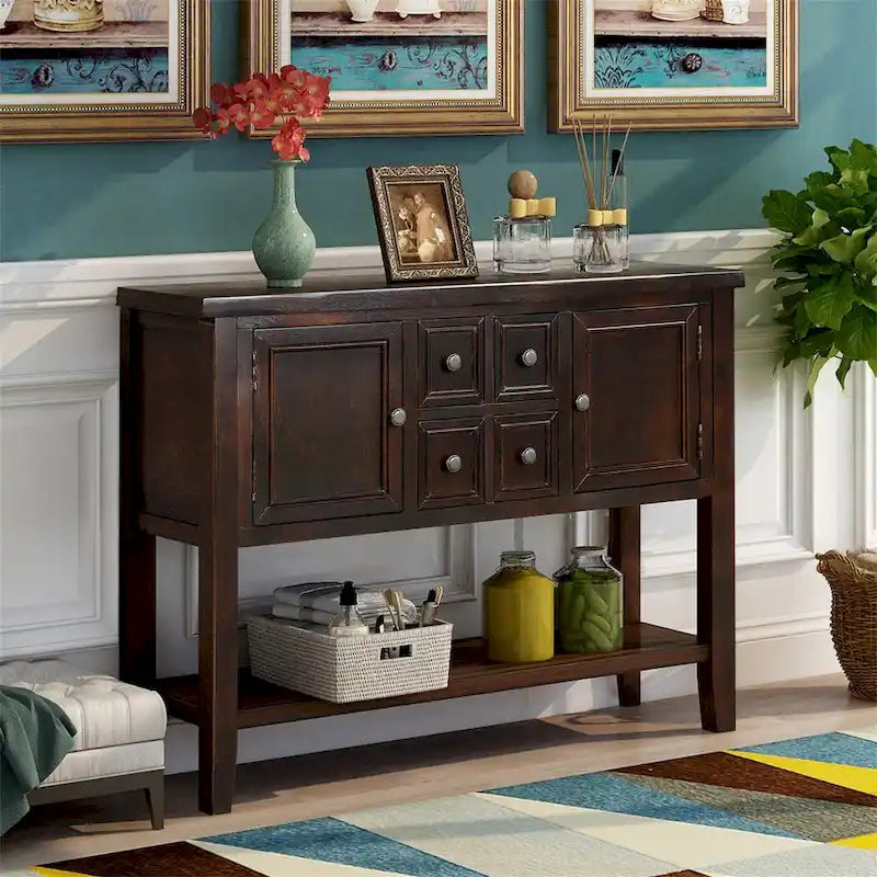 Solid Acacia Wood Buffet Sideboard with 4 Drawers, 2 Cabinets & Bottom Shelf