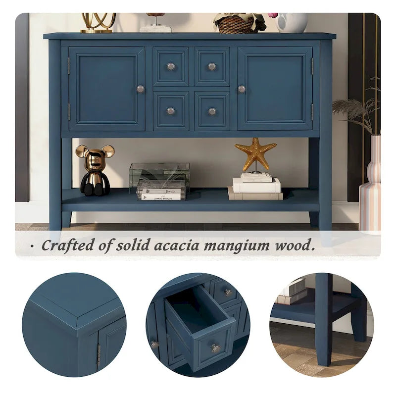 Solid Acacia Wood Buffet Sideboard with 4 Drawers, 2 Cabinets & Bottom Shelf