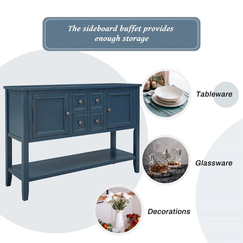 Solid Acacia Wood Buffet Sideboard with 4 Drawers, 2 Cabinets & Bottom Shelf